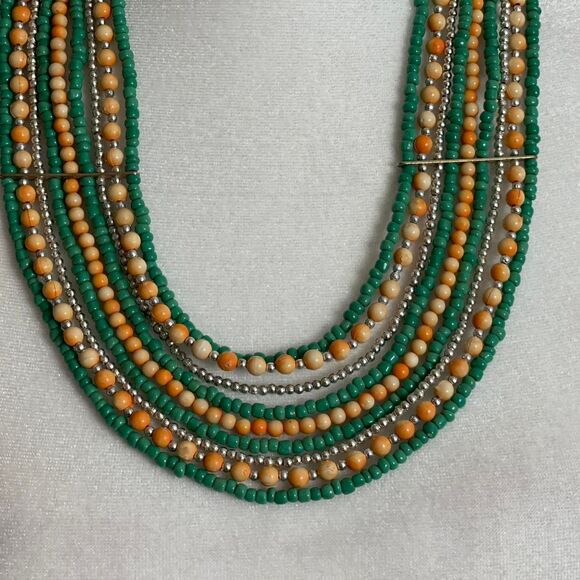 Green, Tan, &‎ Silver Beaded Festival Boho Retro Amazonian Minimalist Necklace - Picture 2 of 6